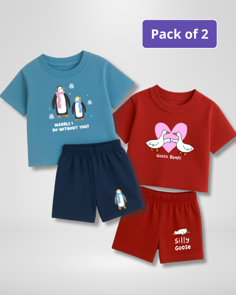 Two children's clothing sets with penguin and goose graphics on a white background.