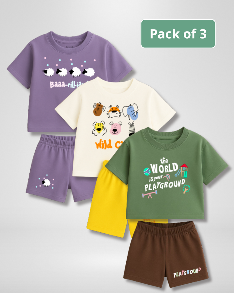 Pack of three children's t-shirts and shorts with colorful designs on a light gray background.