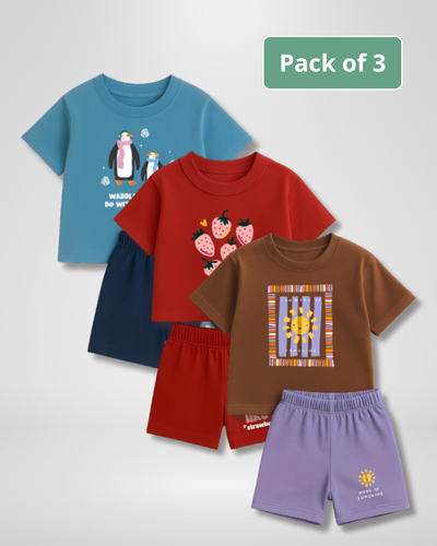 Pack of three children's t-shirts and shorts on a white background